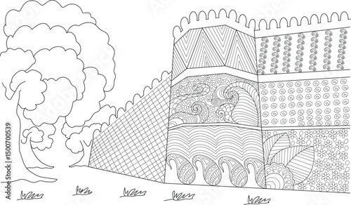 Fantasy Castle Wall and Tree Line Art Illustration, Black and white line art illustration featuring a detailed fantasy castle wall with various intricate patterns and a large tree next to it. 