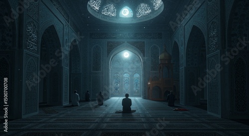 Man Kneeling In Prayer Inside A Detailed Islamic Mosque Interior Photo Rendered
