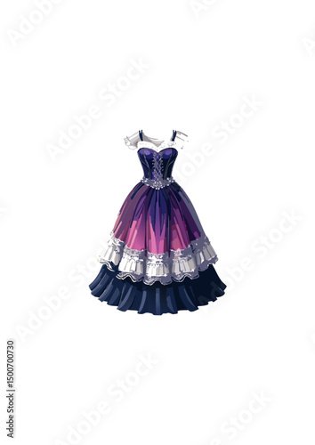 with 2 pairs of high heels, the shoes are blue and purple, In the white room, there is a wardrobe full of women's dresses, a dressing table, and a small pink bed for women. In the white room,