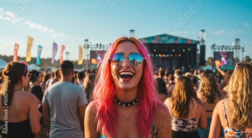 Happy Young Woman in Sunglasses at a Music Festival Crowd Photo