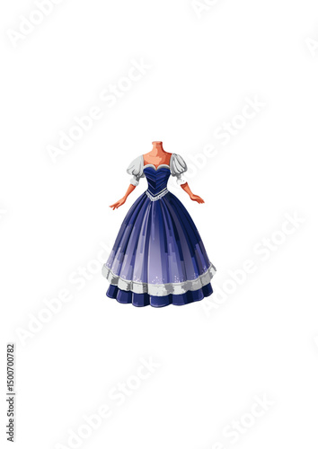 with 2 pairs of high heels, the shoes are blue and purple, In the white room, there is a wardrobe full of women's dresses, a dressing table, and a small pink bed for women. In the white room,