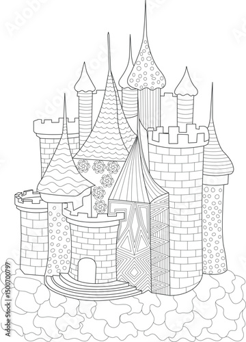 Fantasy Castle Line Art Illustration for Coloring, Intricate black and white line art illustration of a whimsical fantasy castle, perfect for coloring books, children's activities, or decorative 