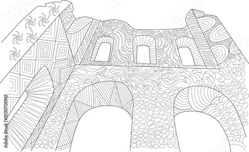 Abstract Castle Ruins Line Art, Detailed black and white line art illustration of ancient castle ruins or structure with intricate patterns and designs, perfect for adult coloring books, fantasy 