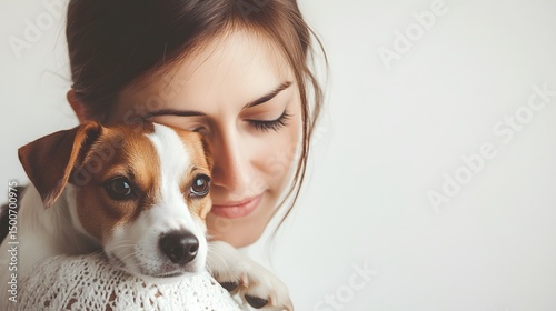 Playful_Pose_: A woman sitting with a small dog on her lap, gently petting it, against a white background. 
