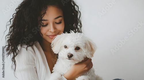 Playful_Pose_: A woman sitting with a small dog on her lap, gently petting it, against a white background. 
