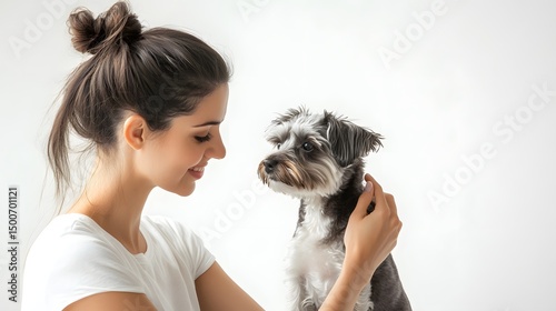 Playful_Pose_: A woman sitting with a small dog on her lap, gently petting it, against a white background. 
