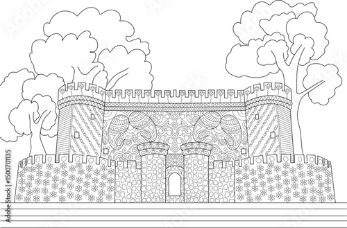 Ornate Fantasy Castle Line Art Illustration, Detailed black and white line art illustration featuring an ornate fantasy castle with intricate patterns on the walls and surrounded by stylized trees. 