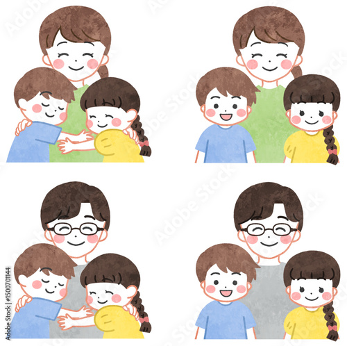 笑顔で並ぶ若い家族・親子のイラストセット
