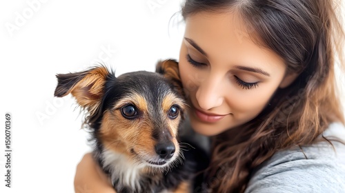 Playful_Pose_: A woman sitting with a small dog on her lap, gently petting it, against a white background. 

