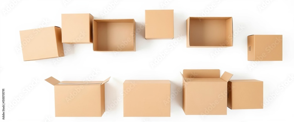 Several empty cardboard shipping boxes on a plain white background, empty, texture Several empty cardboard shipping boxes on a plain white background, empty, texture