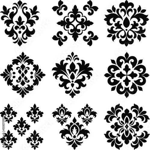 Assorted damask patterns showcases classic black floral elements on a clean white backdrop in symmetry