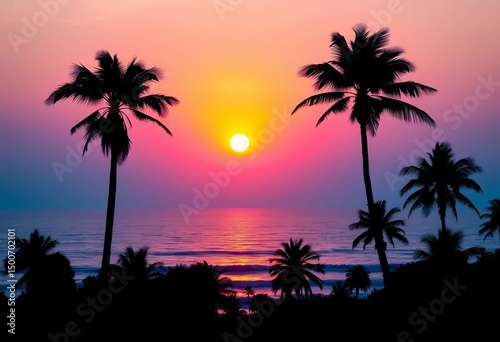Silhouette of palm trees at sunset over ocean, ample blank space, sunset, tropical leaves