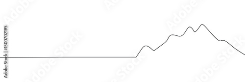 One continuous line drawing of mountain range landscape. Web banner with mounts in simple linear style. Adventure winter sports concept isolated on white background. Doodle vector illustration. EPS10 