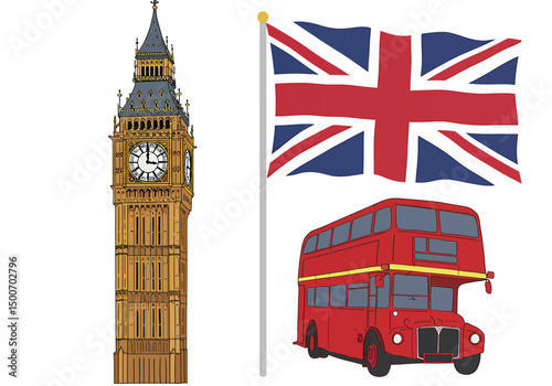 Vector of Big Ben, red double-decker bus, and Union Jack flag on white background