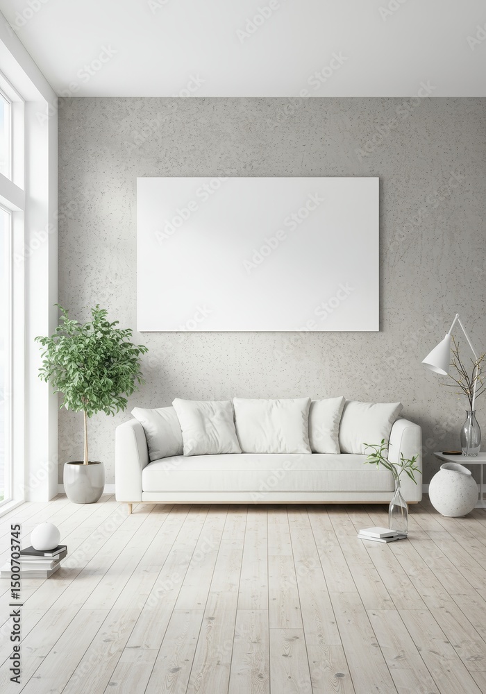 Fototapeta premium Modern Living Room Interior Photo Featuring White Sofa Neutral Tones And Wall Art