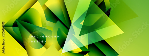 Abstract geometric shapes overlap, creating vibrant green, yellow gradients. Modern design suggests energy, movement, depth. Background features text elements.