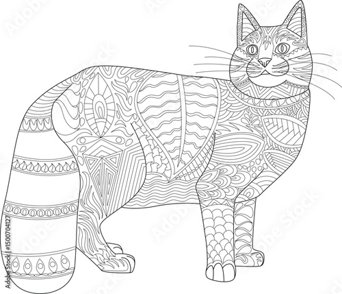Intricate Zentangle Cat Line Art, Detailed black and white line art illustration of a cat decorated with complex patterns, perfect for a coloring book page, relaxation activity, or decorative 