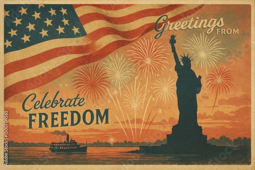 Spectacular Fireworks Over New York Harbor with American Flag at Sunset – Patriotic Celebration