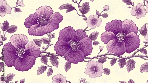 Floral Tapestry: Intricate floral pattern in soft hues, showcasing blooming flowers and delicate details, evoking elegance and beauty.