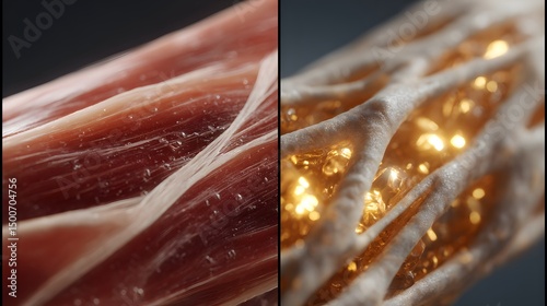 Microscopic view of muscle fibers with intricate structures and textures.