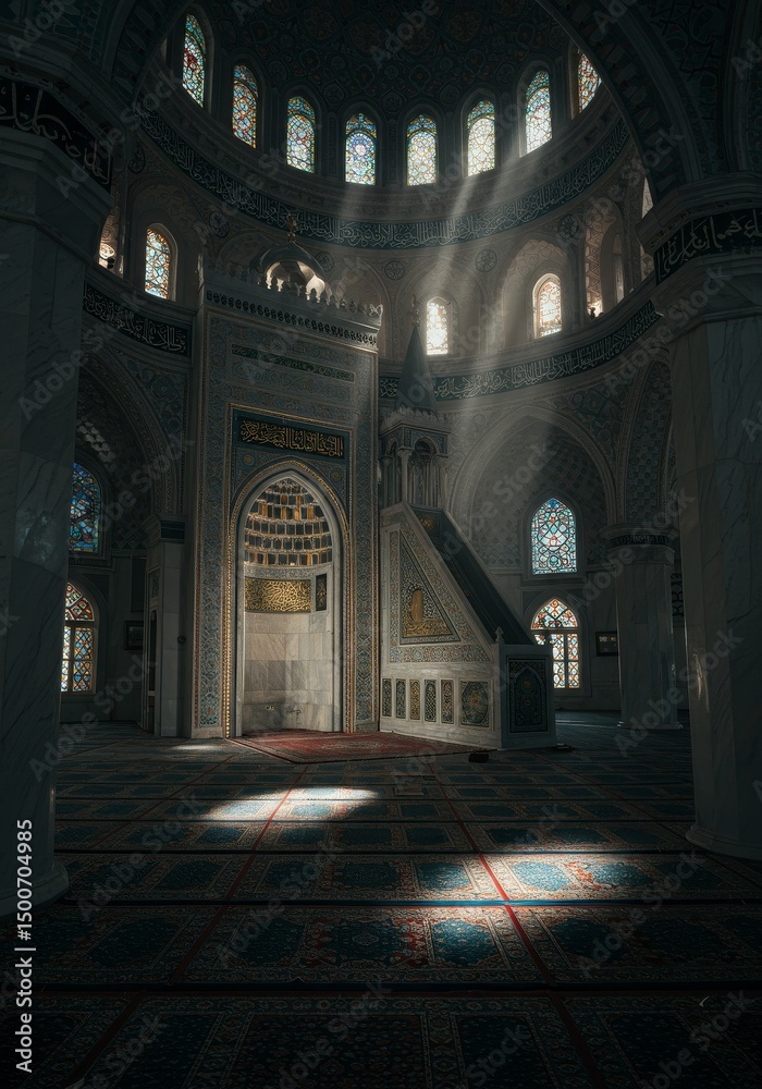 Obraz premium Interior Photo of a Mosque with Sunlight Streaming Through Stained Glass Windows