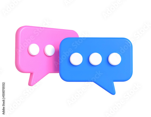Two 3D speech bubbles, pink and blue, represent communication and conversation