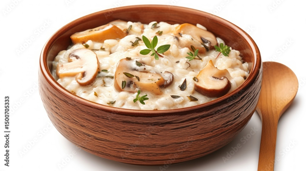 Creamy mushroom risotto with fresh herbs in a rustic wooden bowl presentation Creamy mushroom risotto with fresh herbs in a rustic wooden bowl presentation