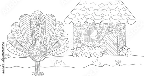 Intricate Peacock and House Coloring Page, Black and white line art illustration of a stylized peacock with intricate patterns standing in front of a small decorative house. Suitable as a coloring 