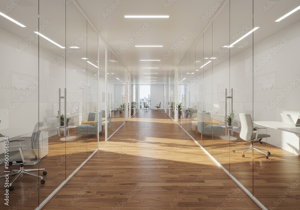 Fototapeta premium Modern Office Interior Photo with White Walls Wooden Floor and Glass