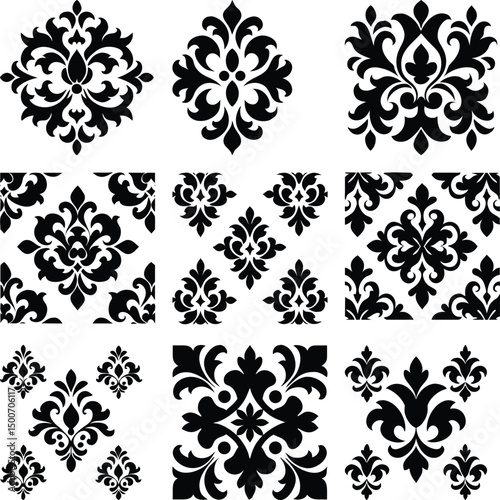 Various black flourish damask pattern designs arranged on a clean white square backdrop beautifully