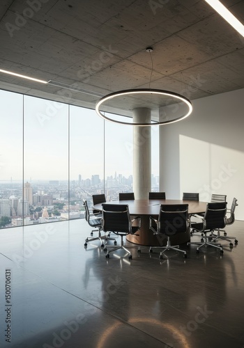 Modern Office Interior Photo with Round Table and Cityscape View