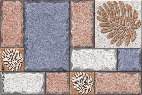 Fototapeta Naklejka Na Ścianę i Meble -  Home decorative 3d elevation wall tiles design, Seamless Ceramic Tiles Designs, Seamless Ceramic Wall tiles design Natural Stone Bricks wallpaper design Home decorative 3d elevation Background.