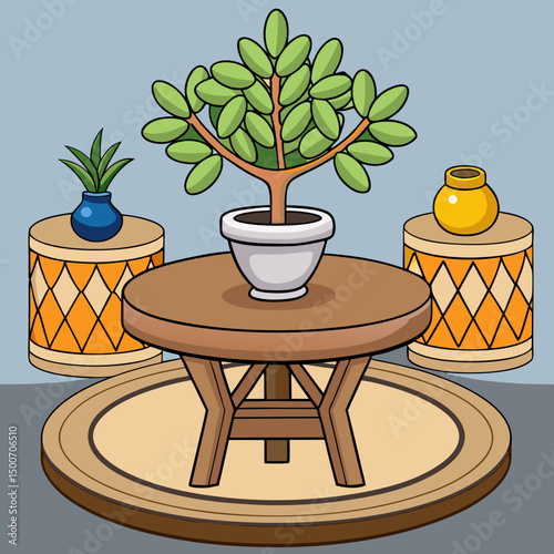 Scandinavian Room with Pedestal Table Olive Tree and Minimal Wooden Decor Vector Illustration