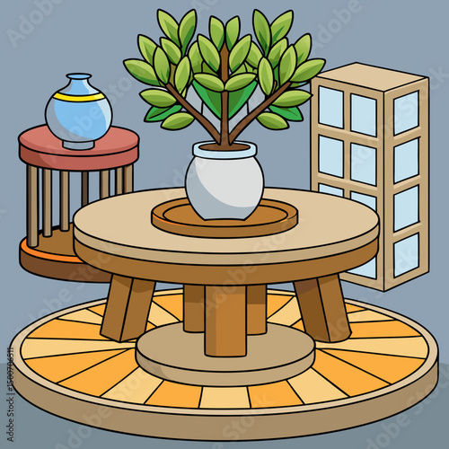 Scandinavian Room with Pedestal Table Olive Tree and Minimal Wooden Decor Vector Illustration
