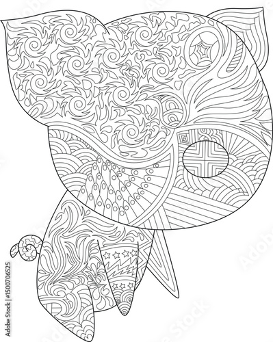 Cute Chibi Pig Coloring Page with Zentangle Patterns, An adorable chibi-style pig illustration featuring intricate, hand-drawn zentangle-inspired patterns. Perfect as a printable coloring page for 