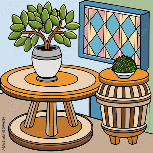 Scandinavian Room with Pedestal Table Olive Tree and Minimal Wooden Decor Vector Illustration