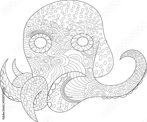 Detailed Octopus Line Art for Coloring, Black and white outline illustration of a stylized octopus filled with intricate zentangle-inspired patterns, perfect for adult coloring books, relaxation, 