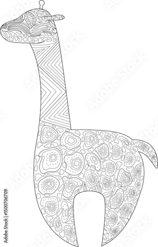Cute Chibi Giraffe Line Art, Black and white outline illustration of a cute chibi giraffe with intricate abstract patterns. Perfect for coloring books, kids' activities, or graphic design elements. 