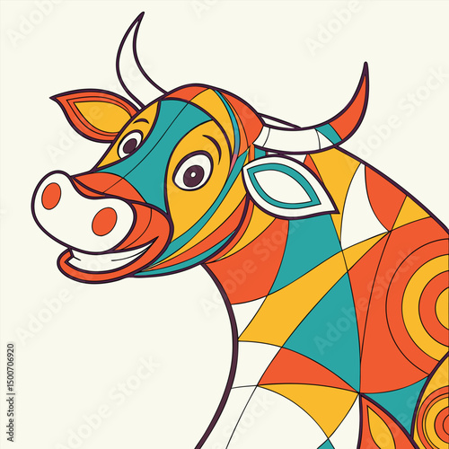A whimsically illustrated cow beams with a joyful smile, covered in a patchwork of swirling shapes and vibrant colors—teal, orange, yellow, and cream. Its expressive eyes and playful design exude warm