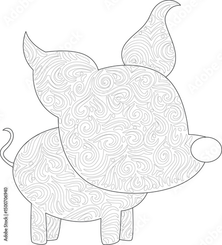 Chibi Pig Line Art for Coloring, Cute chibi style pig illustration featuring intricate Zentangle-inspired patterns, presented as black and white line art perfect for coloring. 