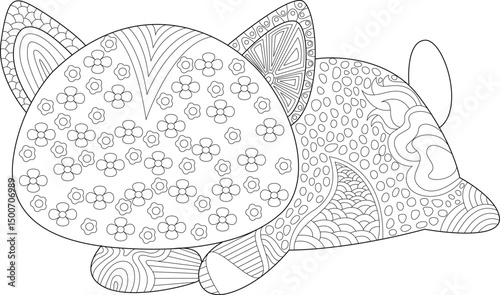 Cute Chibi Animal Zentangle Coloring Page, An outline illustration of a charming chibi animal lying down, filled with intricate zentangle-inspired patterns, perfect as a coloring page for 