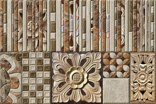 Fototapeta Naklejka Na Ścianę i Meble -  Home decorative 3d elevation wall tiles design, Seamless Ceramic Tiles Designs, Seamless Ceramic Wall tiles design Natural Stone Bricks wallpaper design Home decorative 3d elevation Background.