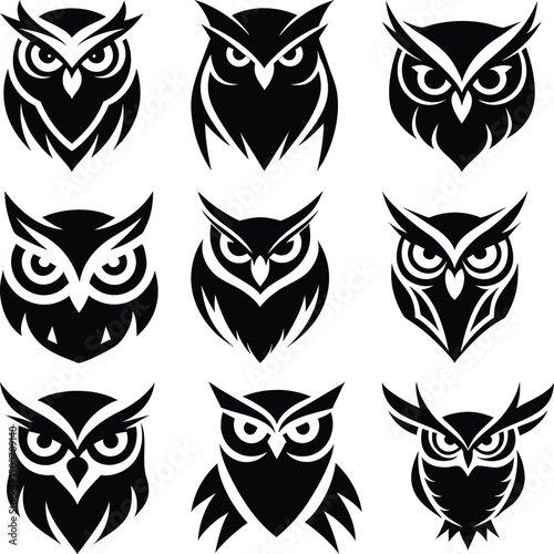 Nine stark black owl heads stare forward with intense, stylized gaze on a white background