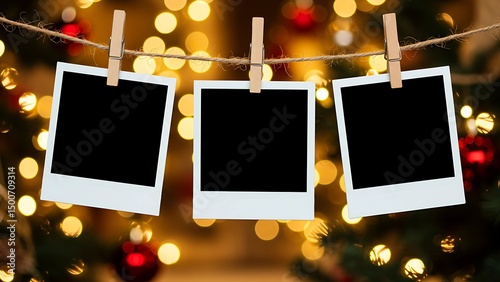 Three blank instant photo frames hanging on rope with wooden clips, festive golden bokeh lights and blurred Christmas decorations in background, isolated on transparent background