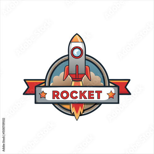 Rocket Launch Logo Design with Fire Flame and Banner
