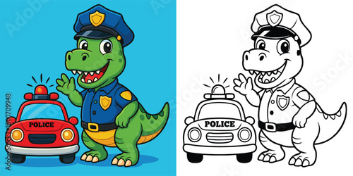 A Set Of Colorful Cartoon Dinosaur Police Officer Fun and Friendly Law Enforcement Coloring Page for Kids