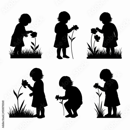 Little girl with flower silhouettes, toddler in nature