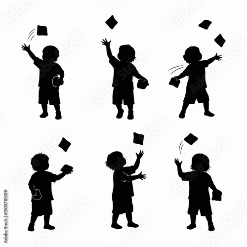Kids toss beanbags silhouette group play