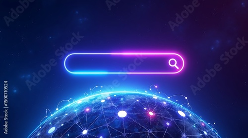 Glowing search bar over illuminated earth depicting global connectivity and digital information access