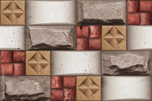 Fototapeta Naklejka Na Ścianę i Meble -  Home decorative 3d elevation wall tiles design, Seamless Ceramic Tiles Designs, Seamless Ceramic Wall tiles design Natural Stone Bricks wallpaper design Home decorative 3d elevation Background.